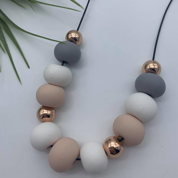 Handmade Clay 'Elegance' Beaded Necklace - Pink/White/Grey