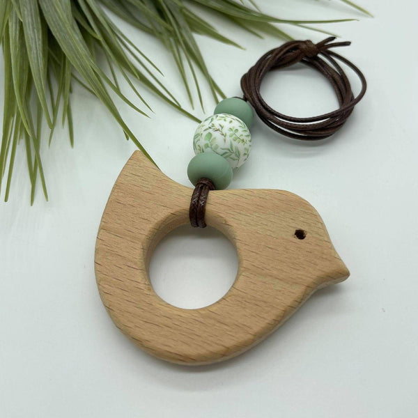Handmade Silicone/Wood Combo Bird Necklace - Sage Floral