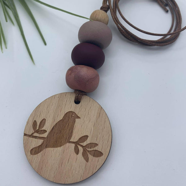 Handmade Clay Bird Pendant Necklace - Burgundy/Mocha/Copper