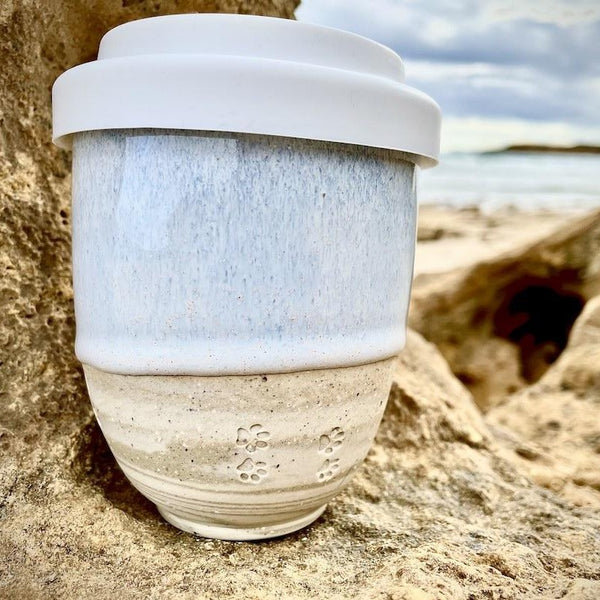 Ceramic Coffee Keep Cup – Apollo Bay White Paws | Hand Made in Victoria