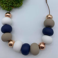 Handmade Clay 'Elegance' Bead Necklace - Navy/Tan/White