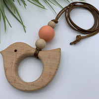 Handmade Wood/Silicone Combo Bird Pendant Necklace - Peach