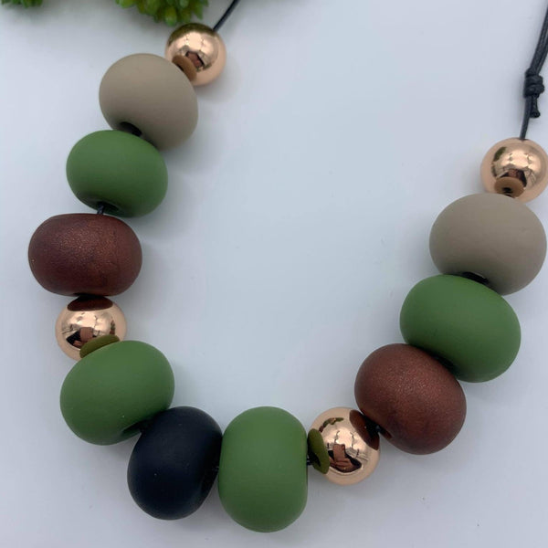 Handmade Clay 'Elegance' Bead Necklace - Olive/Burgundy