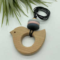 Handmade Silicone/Wood Combo Bird Necklace - Dark Grey/Pink/Light Grey