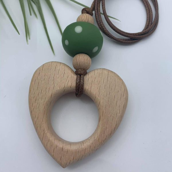 Handmade Clay/Wood Combo Heart Pendant Necklace - Olive Spot