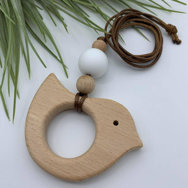 Handmade Wood/Silicone Combo Bird Pendant Necklace - White