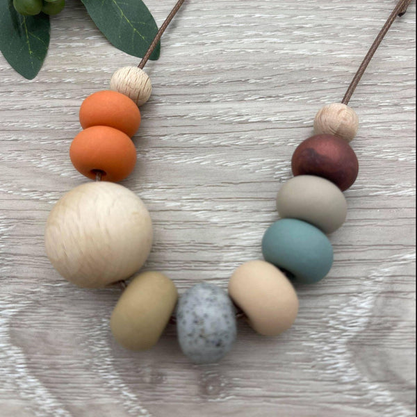 Handmade Clay Bead Necklace - Pumpkin/Sage/Granite