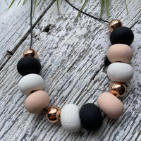 Handmade "Elegance" Clay Beaded Necklace - Black/Pink/White